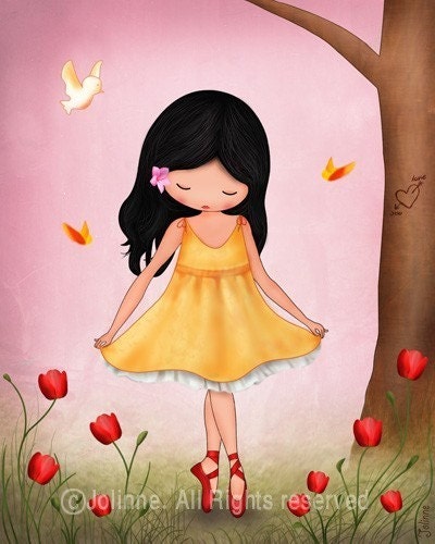 Children art print, kids room decor, nursery art, African american dark skin girl dancing