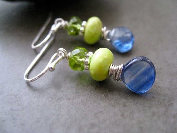 Gemstone Candy Earrings with Kyanite,peridot and green turquoise