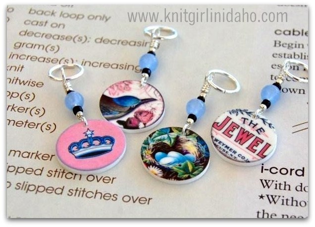 Stitch Markers: Bird, Nest with Eggs, Crown and Jewel Charm Stitch Markers (Set of 4)