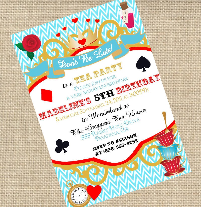 Modern Alice In Wonderland Birthday Invitation - Tea Party Collection - PRINTABLE- By A Blissful Nest