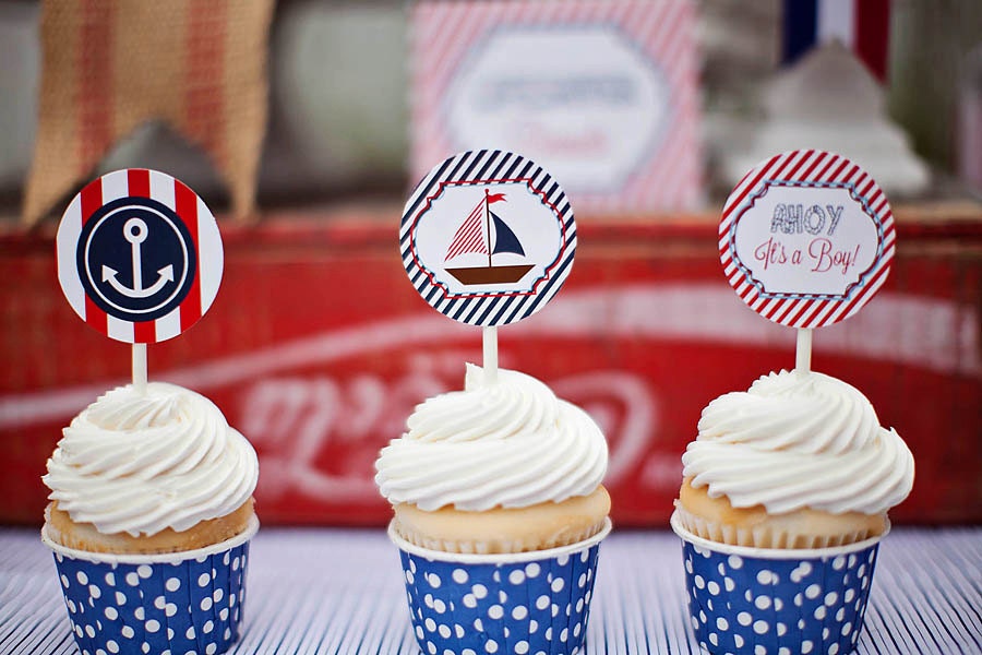 Nautical Baby Shower Party Circles Cupcake Toppers - Ahoy It's A Boy - PRINTABLE - By A Blissful Nest Il_170x135