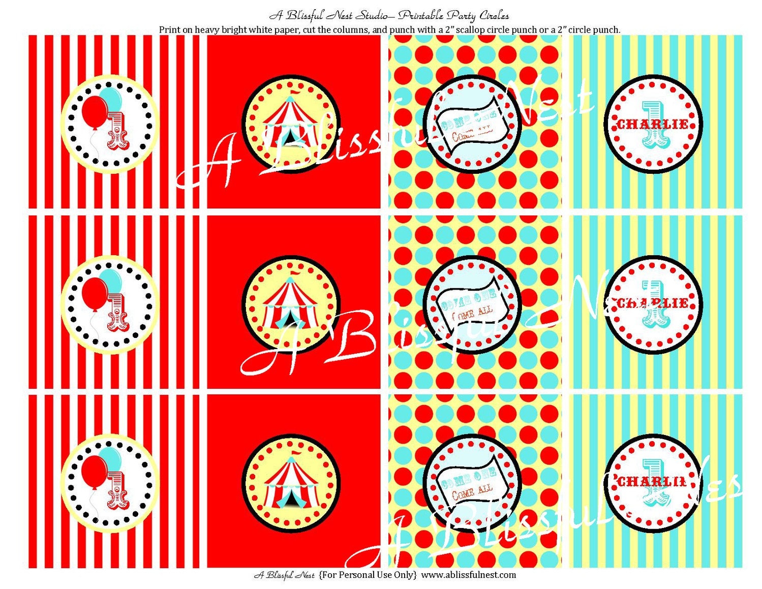 Circus Carnival Big Top PRINTABLE Cupcake Toppers Party Circles - By A Blissful Nest