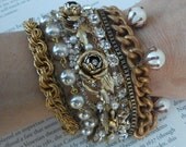 Gold Pearl Rhinestone Multi Chain Multi Strand Cuff Bracelet Rose Chunky Bridal Cuff Vintage - Layer Cake Bracelet