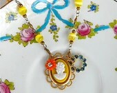 Children's Cameo Necklace Yellow Orange Aqua Blue Beaded Rhinestone Vintage Wedding Flower Girl Necklace - Cameo Appearance Necklace
