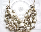 Chunky Bridal Pearl Vintage Wedding Bib Statement Necklace Ribbon & Pearl Gold Vintage Flower Brooch - Pearls, Pearls, Pearls Necklace