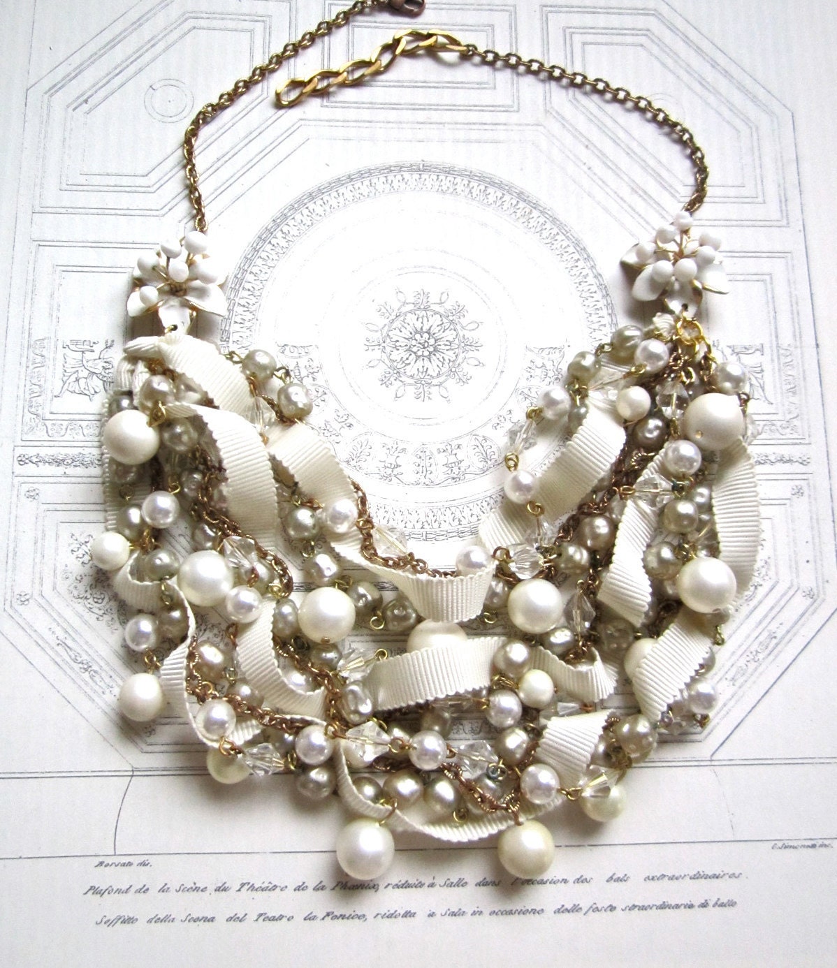 Chunky Bridal Pearl Vintage Wedding Bib Statement Necklace Ribbon & Pearl Gold Vintage Flower Brooch - Pearls, Pearls, Pearls Necklace