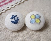 Anchor and Clover embroidery fabric covered button pair