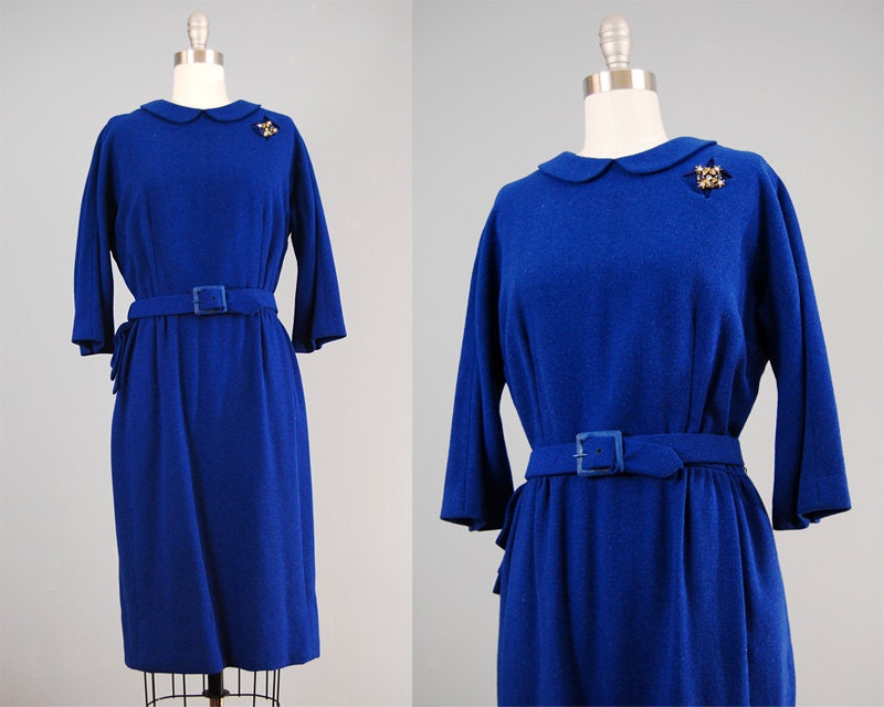 1960s dress blue wool designer Shannon Rodgers med
