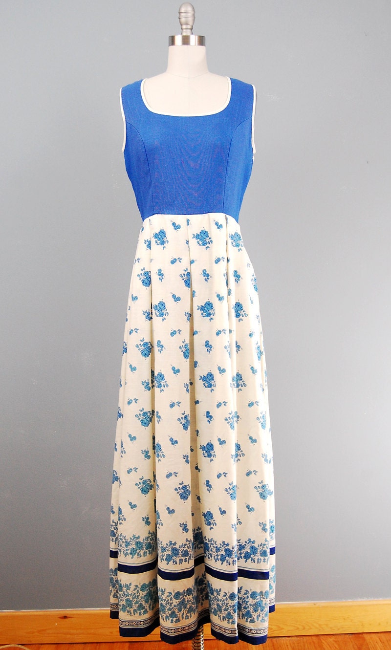 70s maxi dress floral cotton blue country