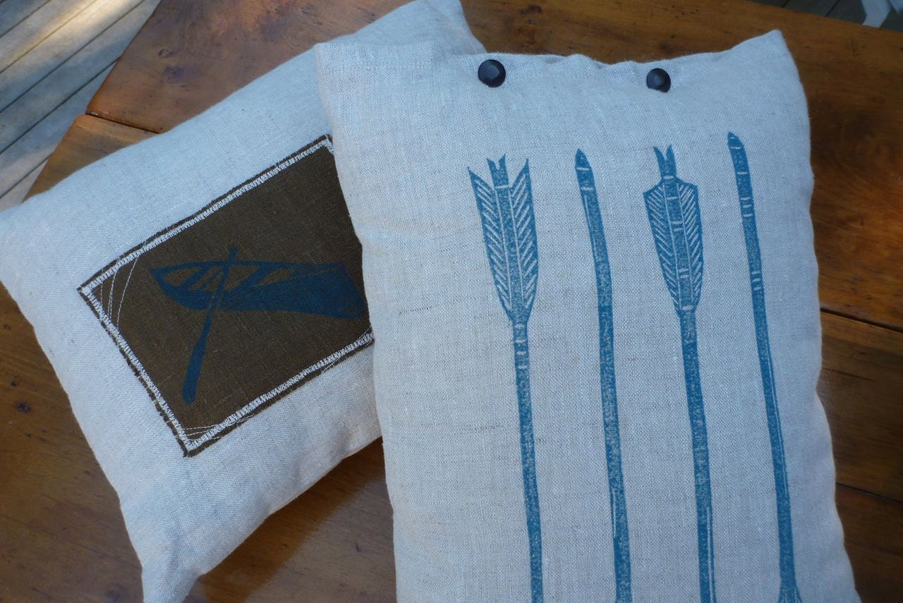 pillow cushion linen arrows tribal turquoise block print (mineral blue on oatmeal)