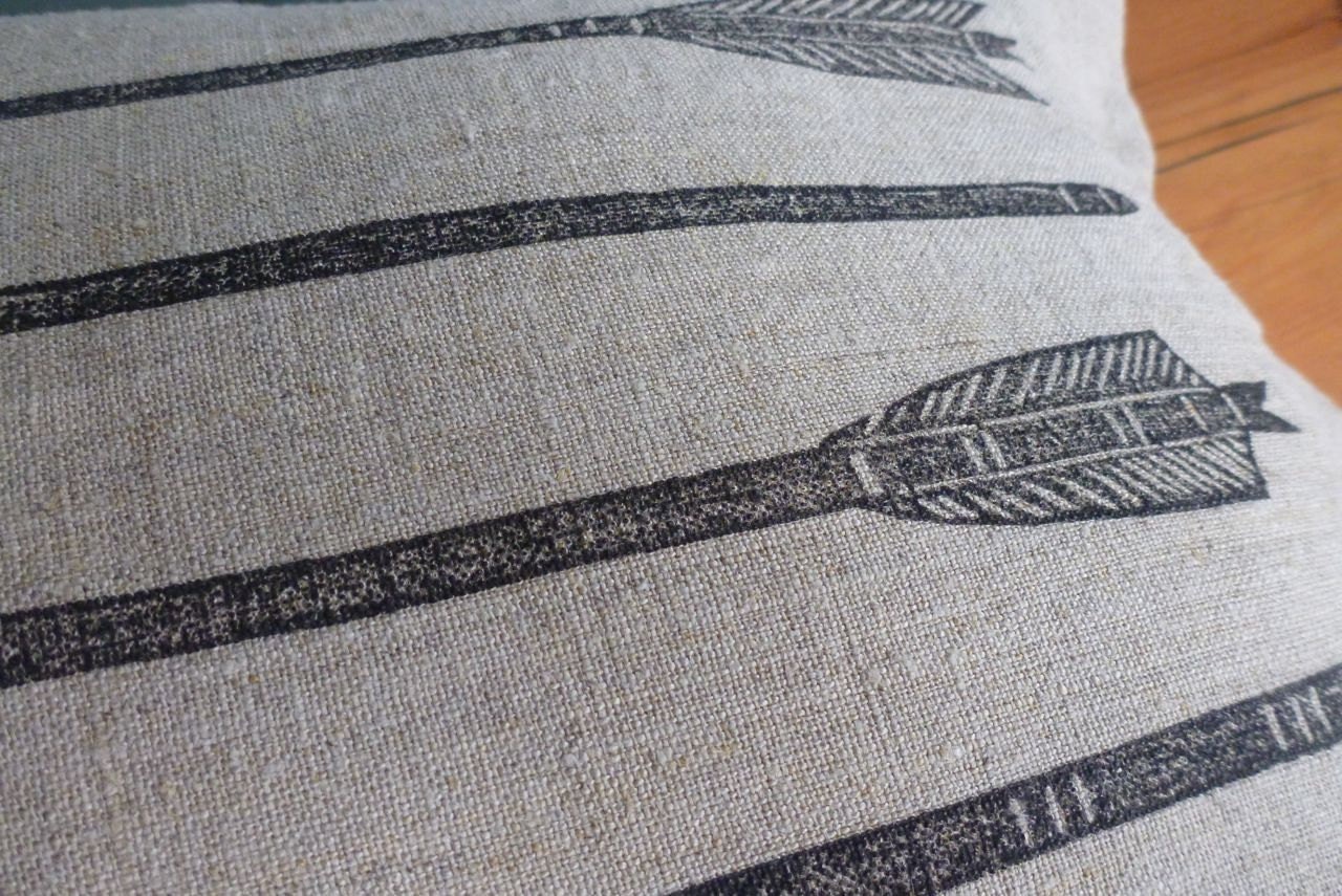 pillow cushion linen arrows archery block print (graphite on toast)