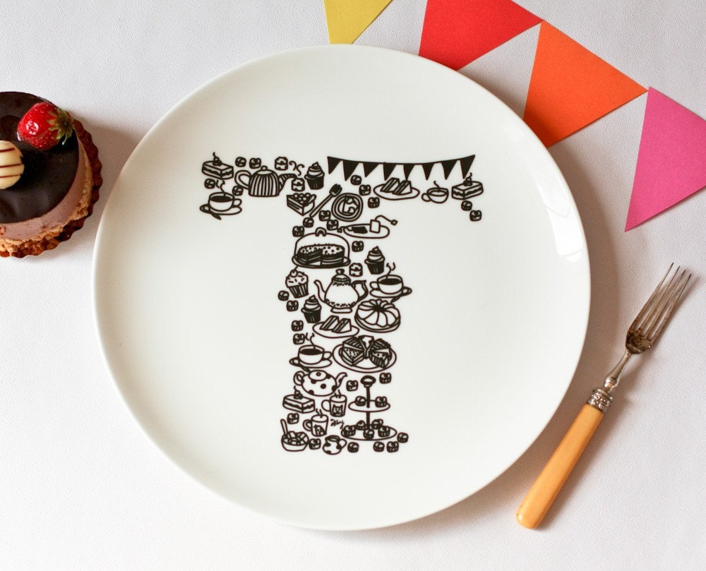 T for Tea Party - Alphabet Ceramic Plate (Black)