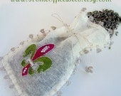 Eco Friendly Hand Embroidery Raw Silk Lavender Sachet Jewelry Pouch Fleur de Lis