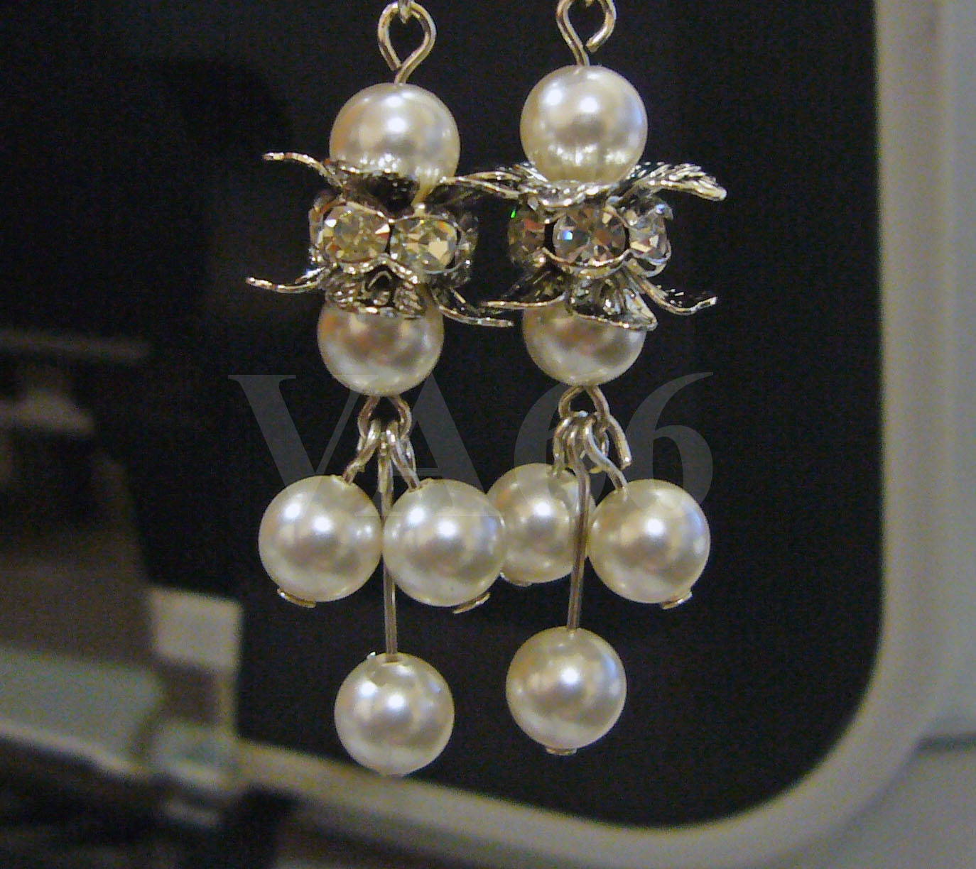 Bridal 6mm Pearl Earrings Chandeliers Flower n Rhinestone Separator Swarovski White Pearls Colors Bridesmaids, Flower Girl, Christmas, MOB