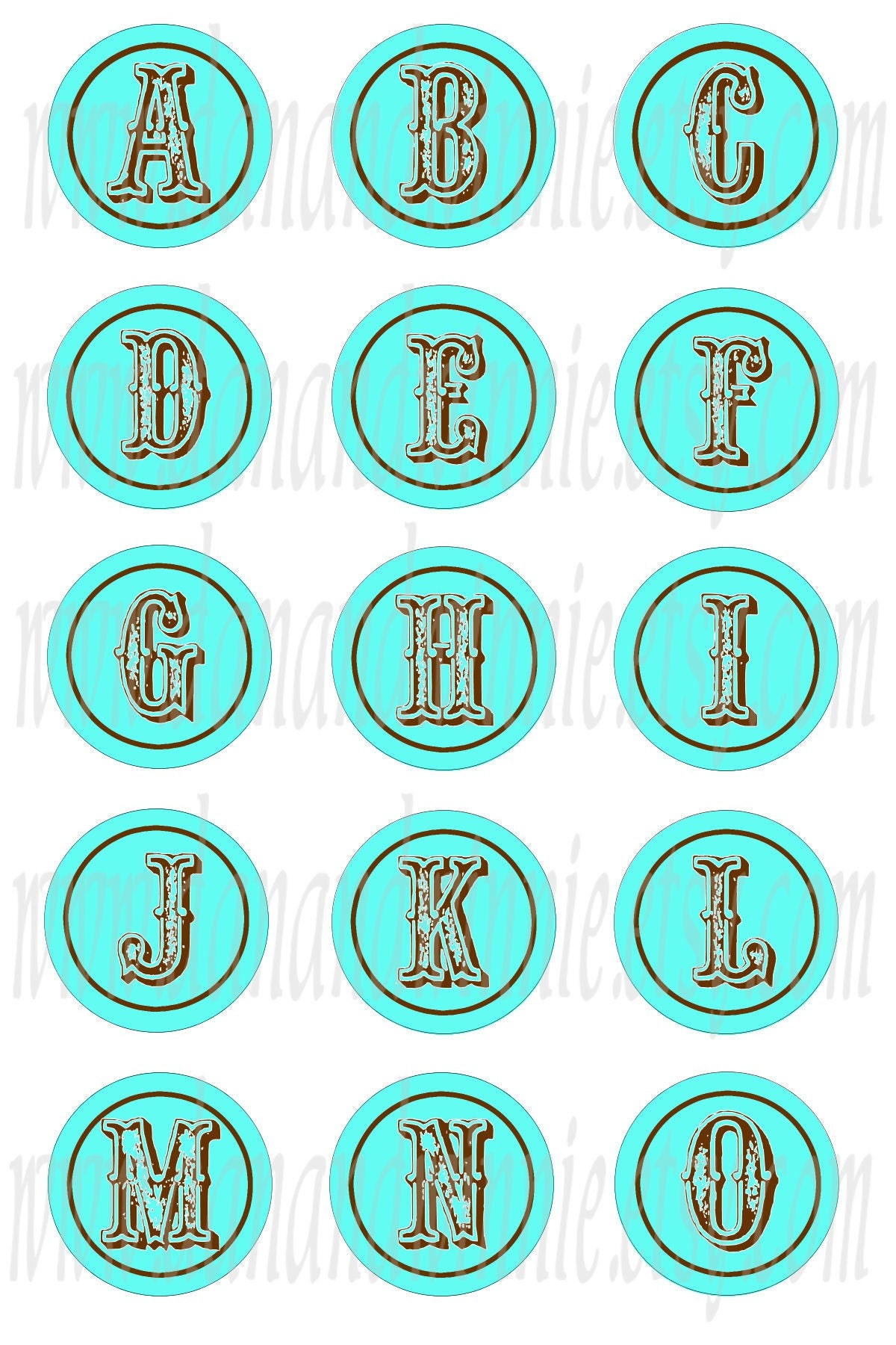 WESTERN MONOGRAM Alphabet Aqua 1 inch round circle digital images bottle caps, scrapbooking, tags 4X6 digital graphics collage sheet