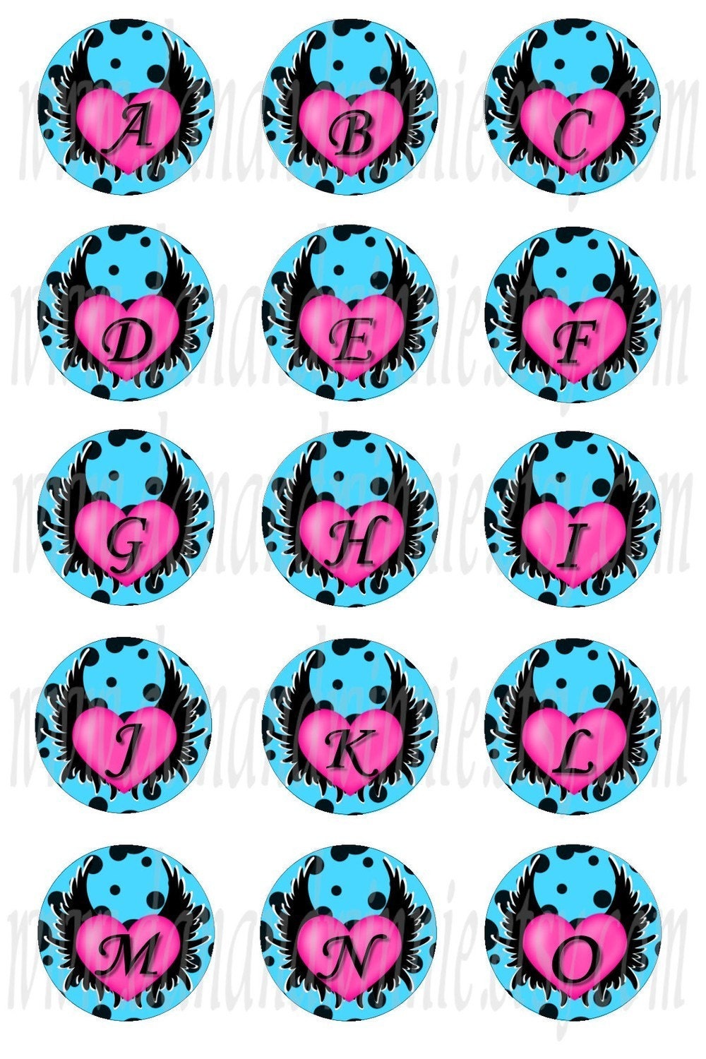 WINGED-HEARTS ALPHABET 1 inch round circle digital images for bottle caps, scrapbooking, tags 4X6 digital graphics collage sheet