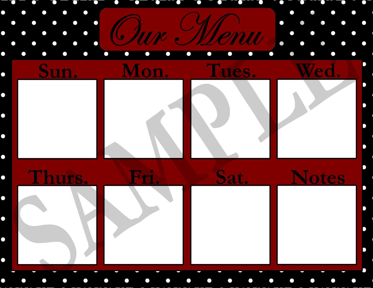 WEEKLY MENU Polka Dot digital download printable.  Your choice of blue, red, green, yellow, or hot pink.