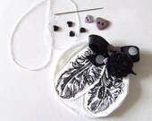 SALE SALE Raven Black Brooch Feathers Gocco Printed Cotton Brooch
