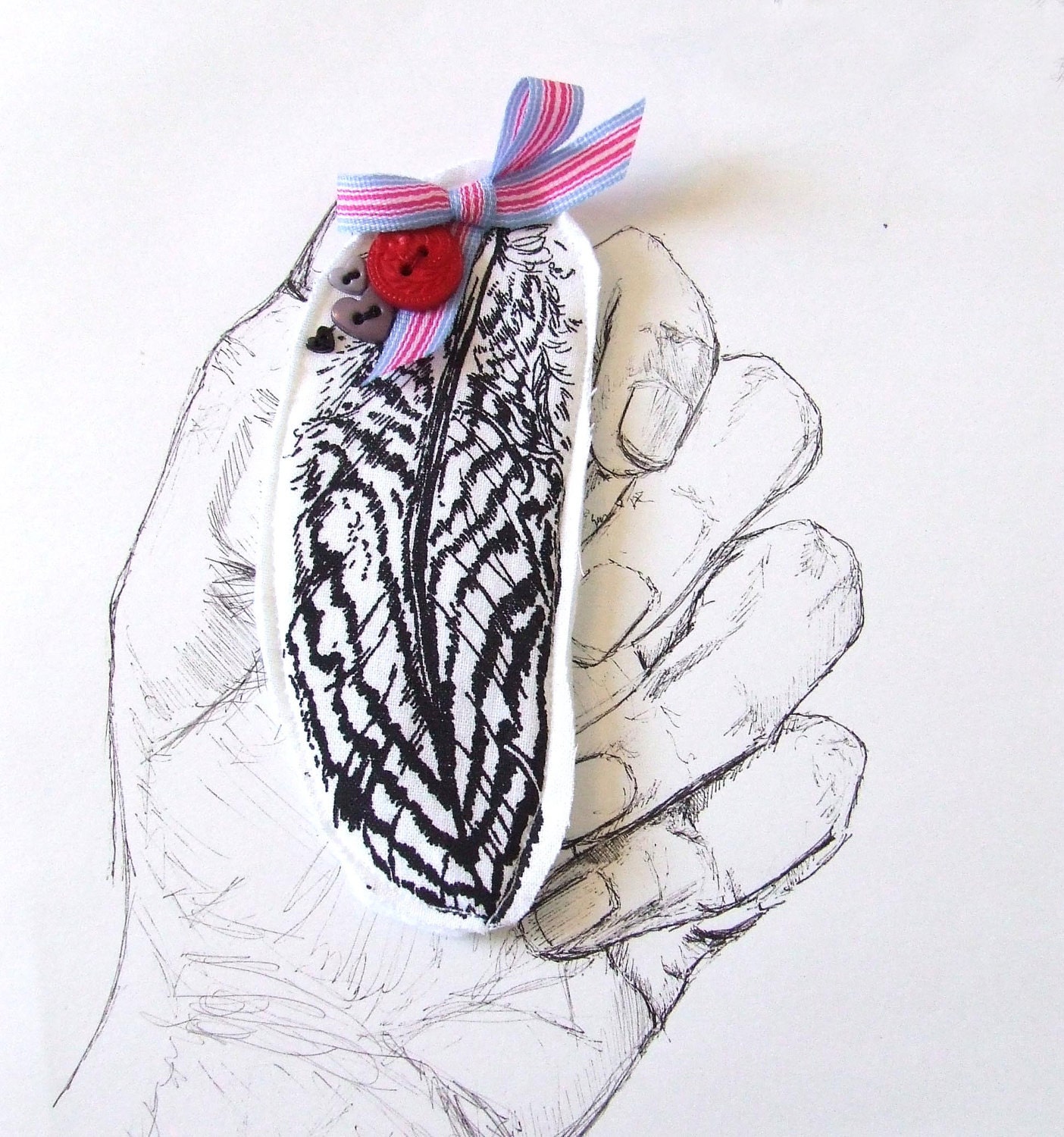 SALE Pheasant feather Brooch Curved Gocco Printed Fabric Brooch