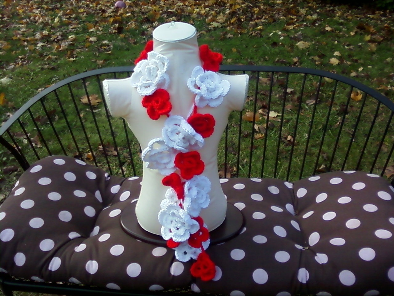 Spring Crochet Flower scarf white and red//Ready to ship