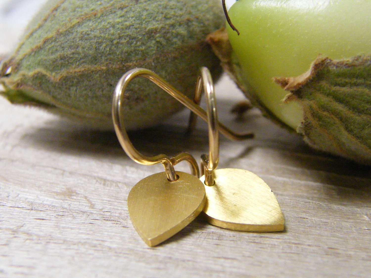 earrings, gold tiny leaf disc dangle sterling silver 24 kt gold brushed finish