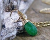 green luminous emerald 14 kt gold filled wire wrapped faceted pear shape gem necklace