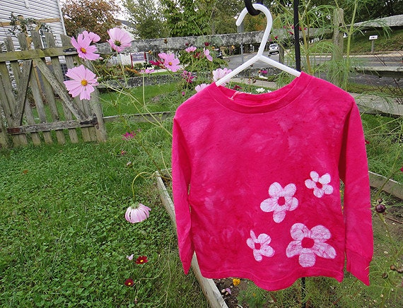Toddler T-Shirt: Fuchsia Pink with Batik Flowers, Long Sleeves (4T) READY TO SHIP