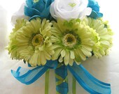 Bridal bouquet TURQUOISE GREEN DAISY wedding flowers- Bridesmaids boutonnieres Corsages 10 pc package
