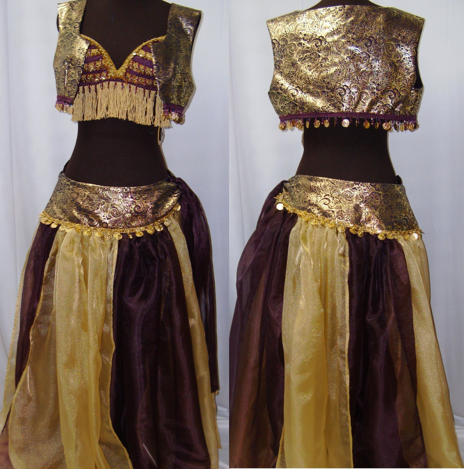 Women's Burgundy and Gold Organza Belly Dance Costume Size 8 10 Halloween Cosplay Rennaisance Faire Harem