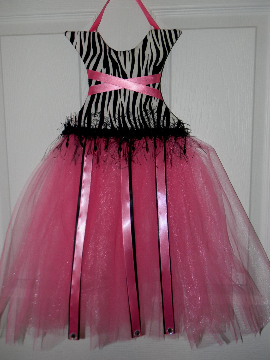 Tutu Dress Bow Holder with Zebra Bodice and Pink Tulle Skirt