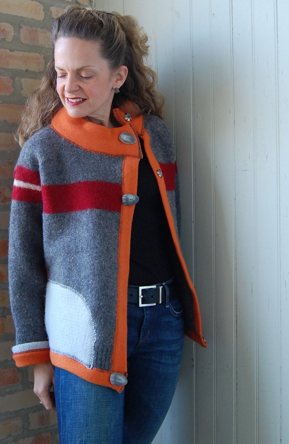 Upcycled clothing, Monks Cardi, womens sweater, size small cardigan, asymmetrical, wool, lambs wool, gray, orange, red
