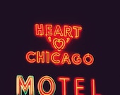 Chicago Photography, Heart 'O' Chicago Motel, mid-century neon sign, photo, red, black, Rockabilly, men, man-cave, 8x8 Print