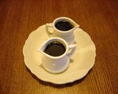 food photography, maple syrup, mid-century, kitchen photography, china creamers, breakfast, pancakes, wood, cream, dark brown, ivory, 8x12