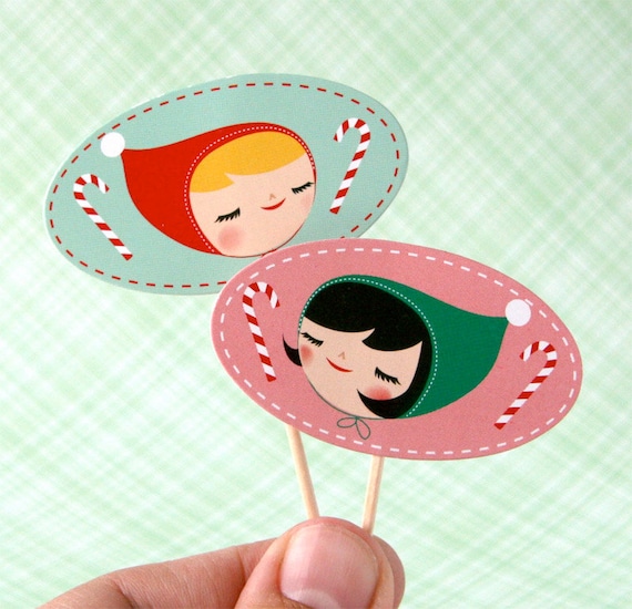 Retro Christmas Elf Cupcake Picks (12) Il_570xn