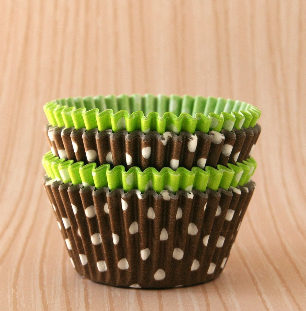 Cupcake Liners - Lime and Chocolate Brown Polka Dot Mix (60)