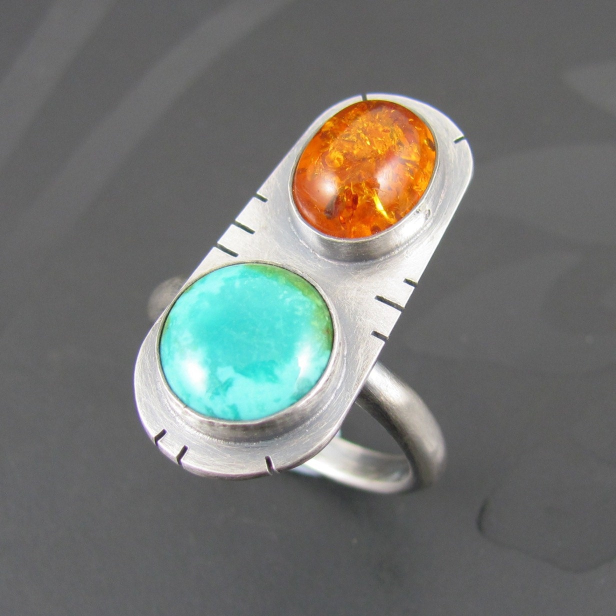 turquoise amber sterling silver ring - turquoise ring - amber ring - sterling silver ring - unique ring