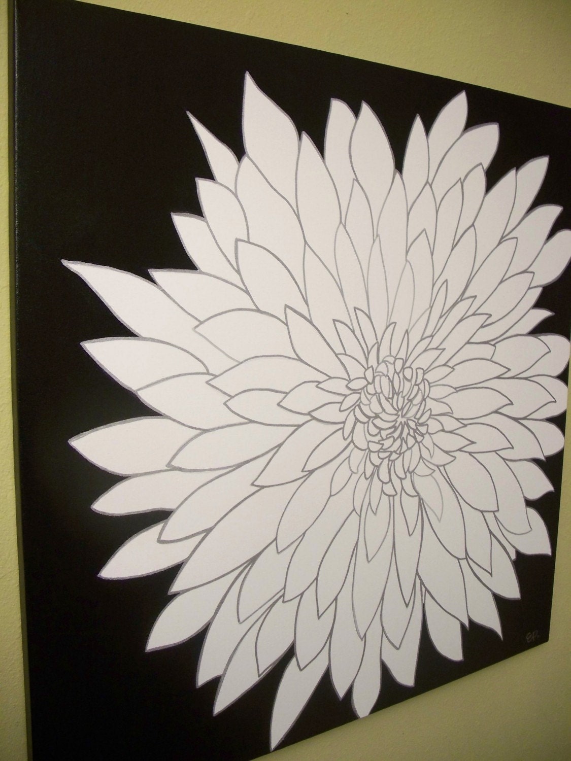 huge modern chrysanthemum flower painting black white and silver- custom colors and sizes available