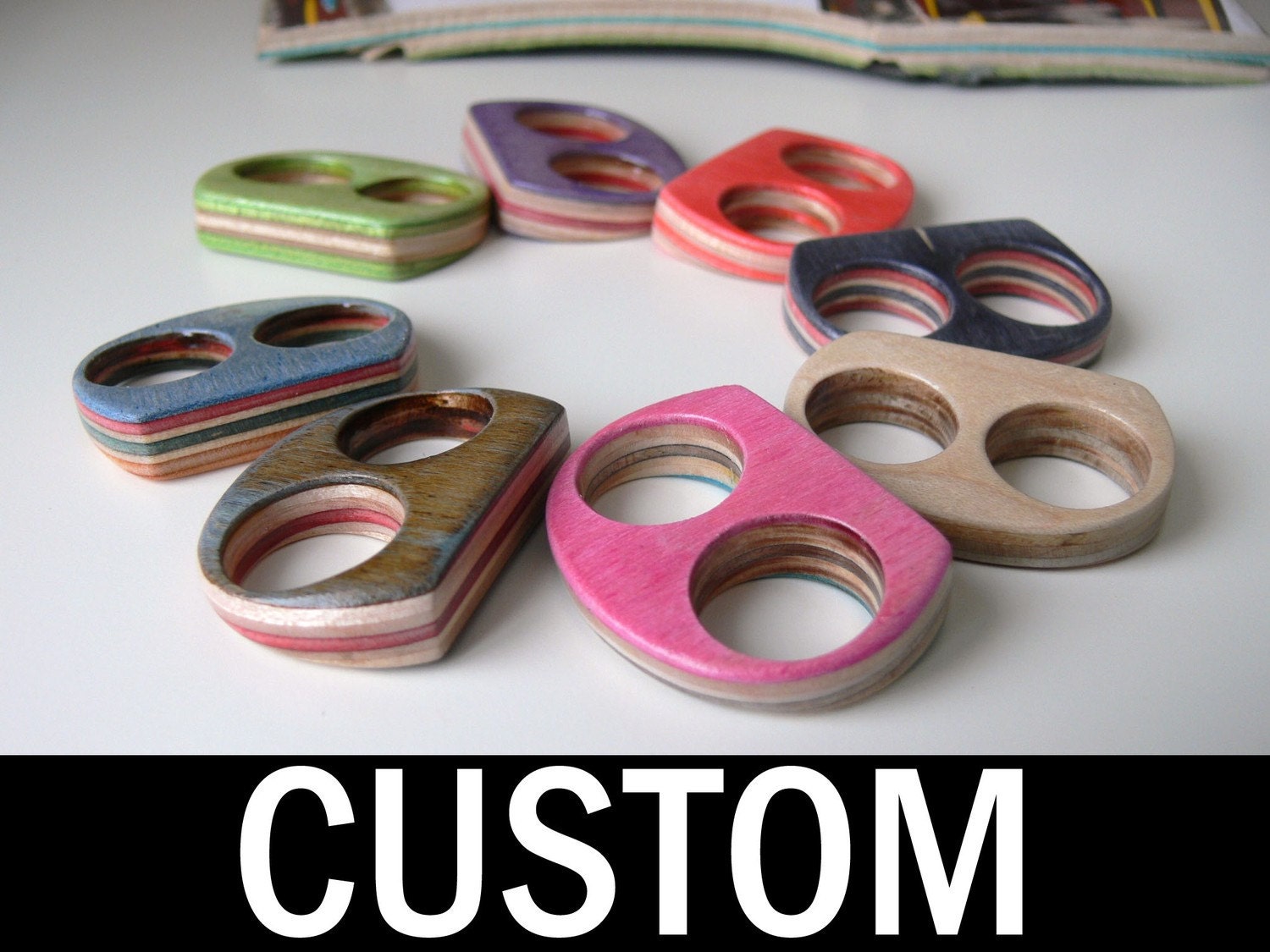 Recycled  Skateboard Custom Two Finger Wood Knuckles Ring