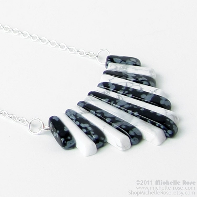 Black & White Stone Necklace - Snowflake Obsidian and White Howlite Xanadu Necklace - Long Silver Plated Chain - Piano Necklace