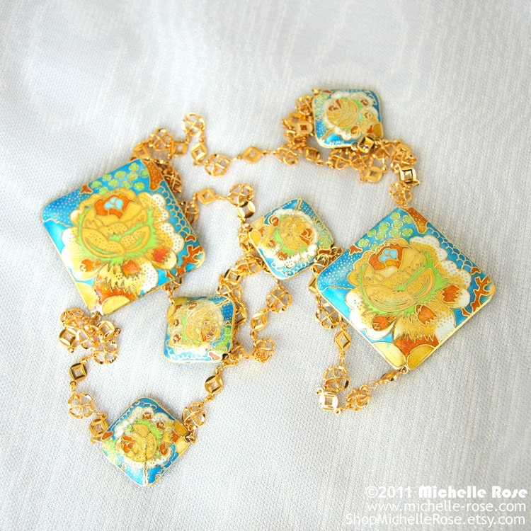 Floral Cloisonne Chunky Necklace "Haute Hippie in Dragon Flowers" Colorful Orange Yellow Turquoise Hand-Painted Beads Long Gold Chain