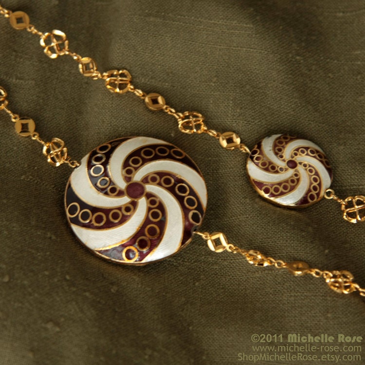 Cloisonne Necklace "Haute Hippie in Plum Pinwheels" Hand Painted Brown Purple White Lollipop Swirl Beads Long Gold Chain
