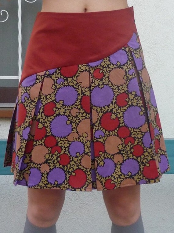 RESERVED for ranaw - Floral Pleated Skirt - Solid Rust & Thistle Print Skirt - A-Line Skirt - Knee Length Skirt - Purple Gold Rust Black