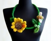 felt sunflower and a bee fiber art necklace, eco friendly, statement necklace