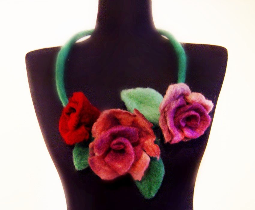 felt statement necklace, felt flower roses fiber art romantic bib necklace