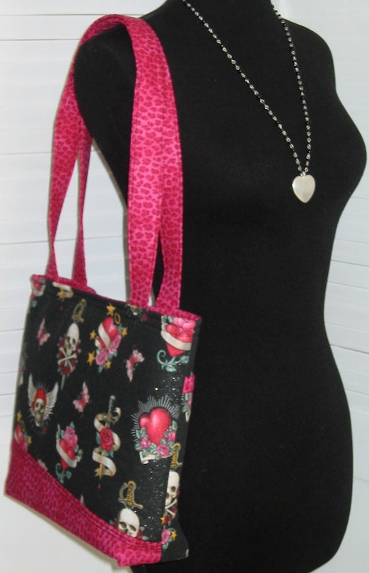 Mini Tote Tattoo's and Glitter / Hot Pink / Skulls and Roses / Accessory / Ready to Ship