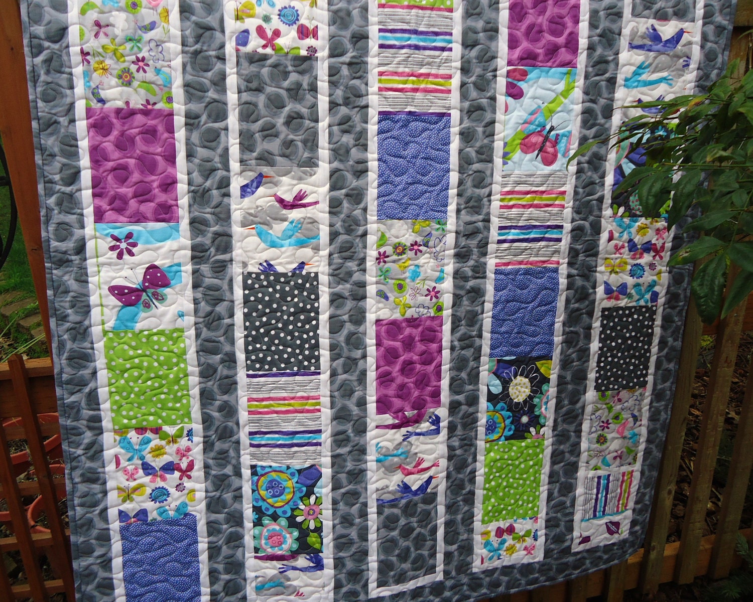 Modern Baby Girl Quilt, Crib Quilt, Baby Bedding Quilt, Birds, Fly Away, Gray,Grey,Purple,Lime Green