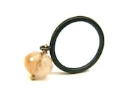 Dark Silver Rutilated Quartz Dangle Ring - Bronze Globule