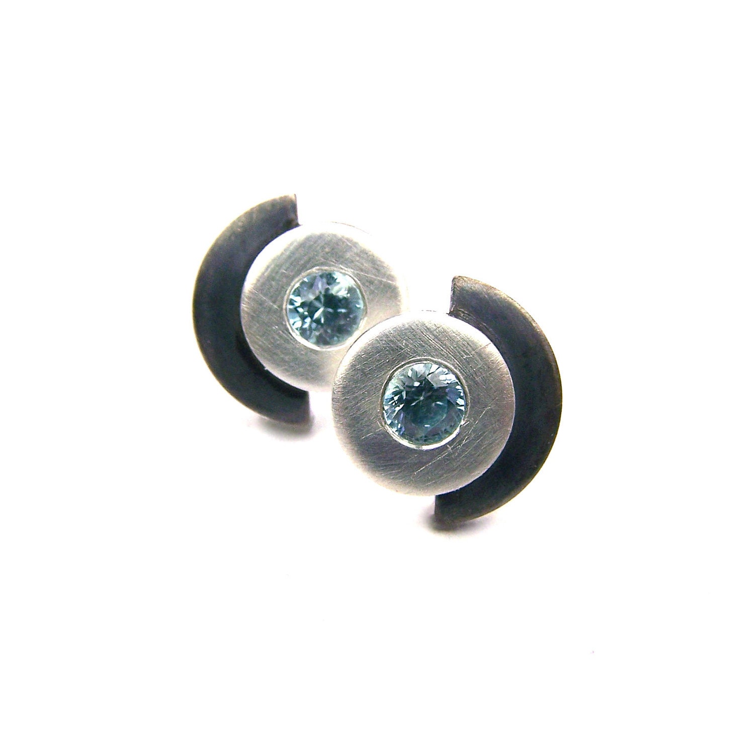 Round Silver Blue Zircon Earring Studs - The Dark Side of the Moon