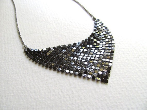 Gunmetal silver sequin bib necklace, vintage inspired,  mesh triangle pendant