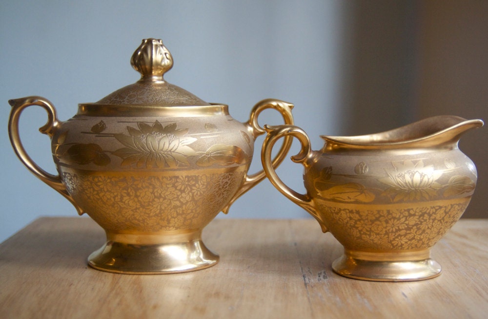 Gold Cream and Sugar Set, Osborne Water Lilies, Art Deco Decor